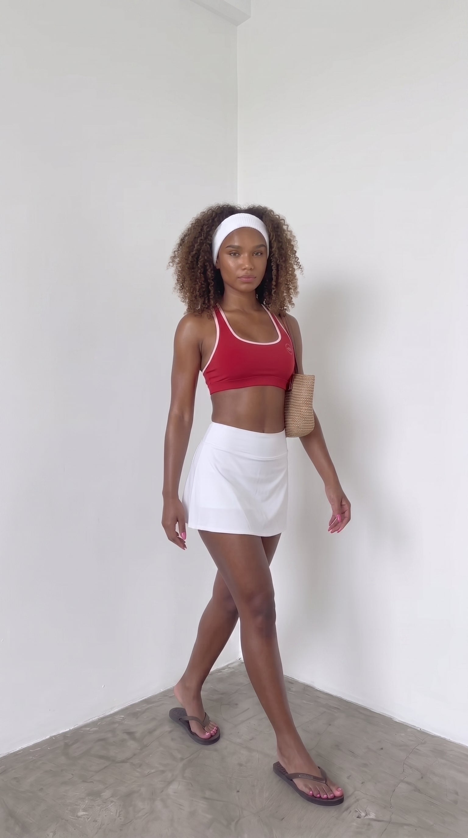 wrapd halter sports bra in red, full outfit view on model
