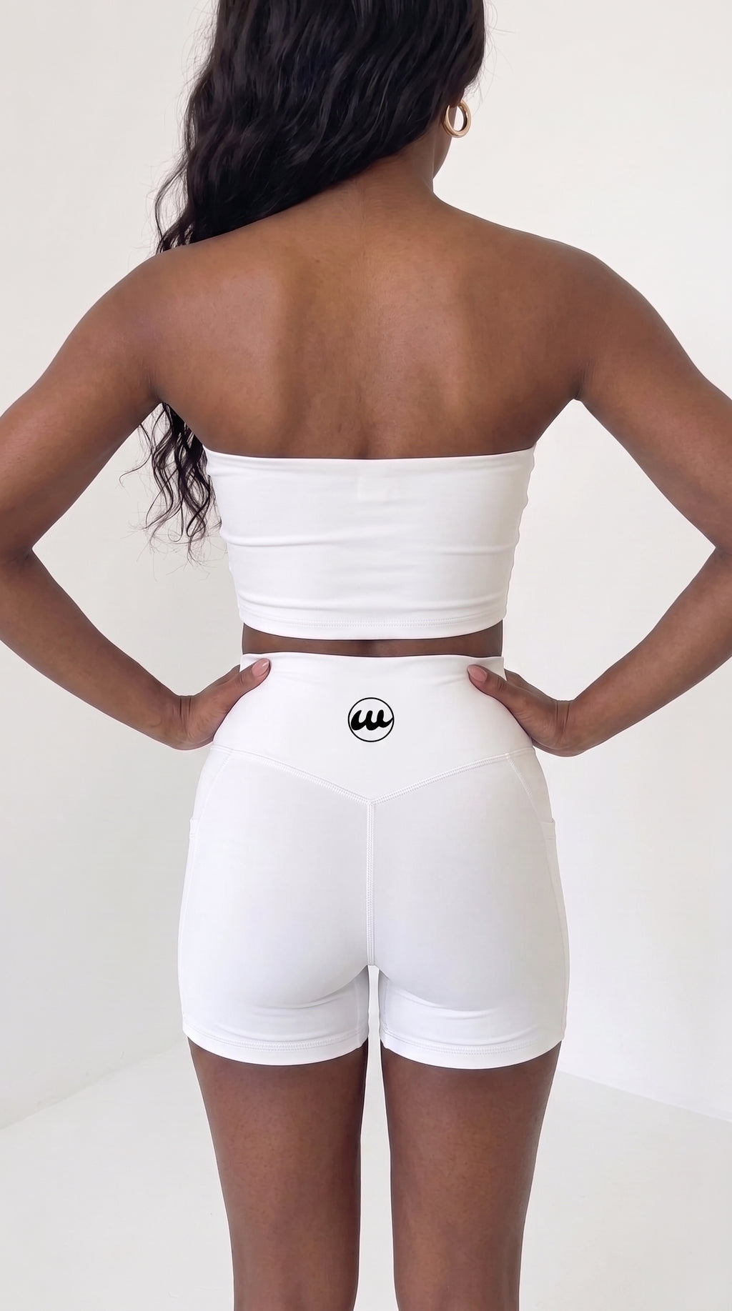 wrapd high-waisted pocket biker short in white, back view on model