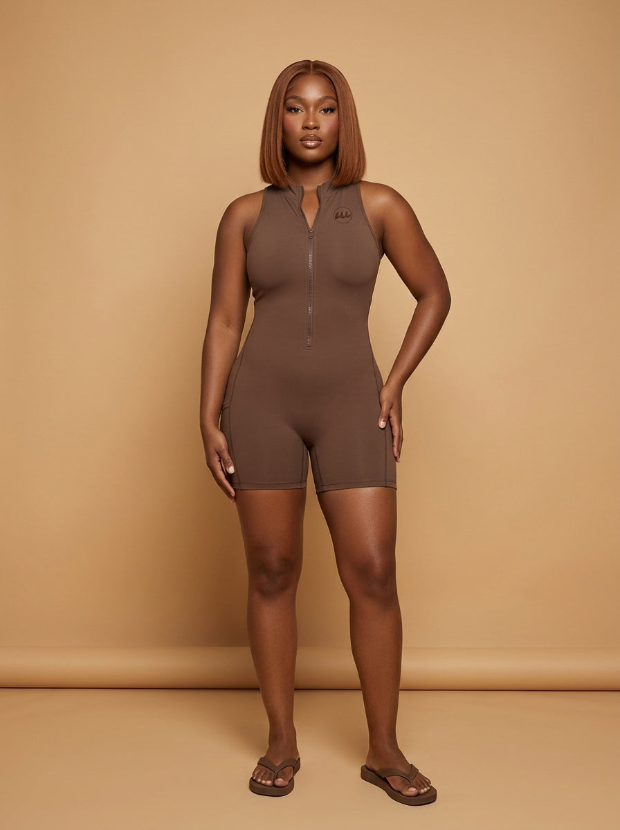 wrapd quarter-zip yoga romper in coffee brown, alternate angle on model