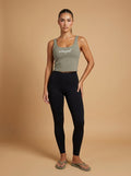 wrapd cropped tank in gray-green, front view on model