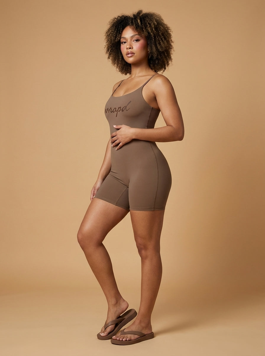 wrapd u-neck yoga romper in coffee brown, front view on model