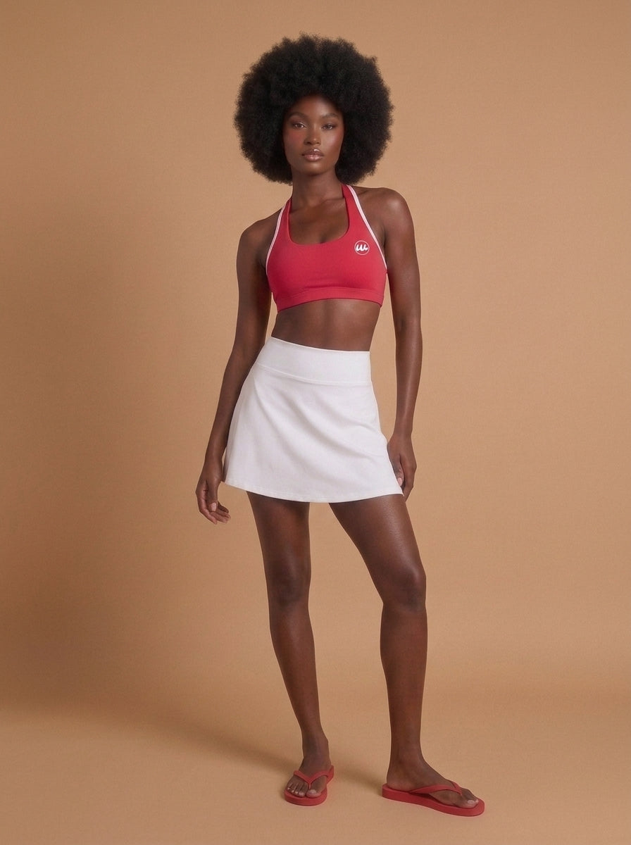wrapd halter sports bra, close-up detail of strap and fit