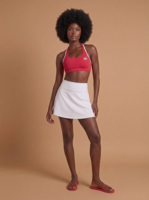 wrapd halter sports bra, close-up detail of strap and fit