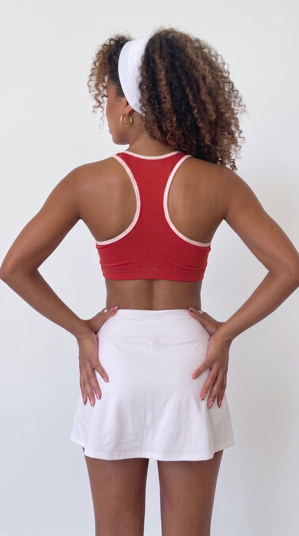 wrapd halter sports bra in red, close-up detail