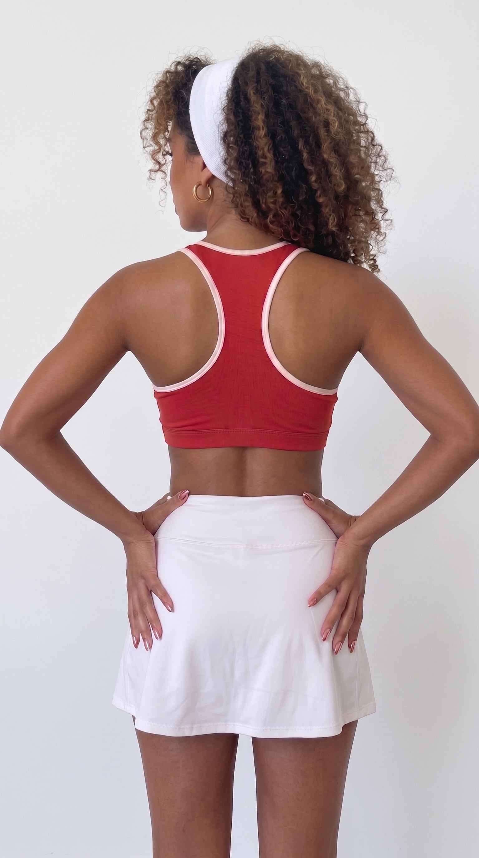 wrapd halter sports bra in red, close-up detail